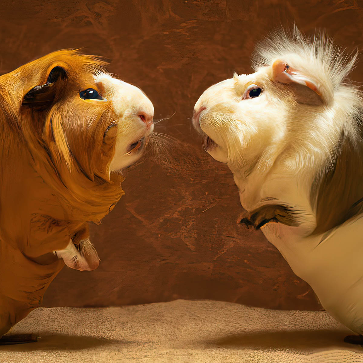 two guinea pigs rearing up on their haunches