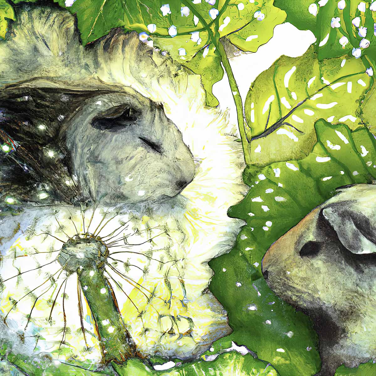 Two peaceful guinea pigs with dandelions illustration from CavyArt