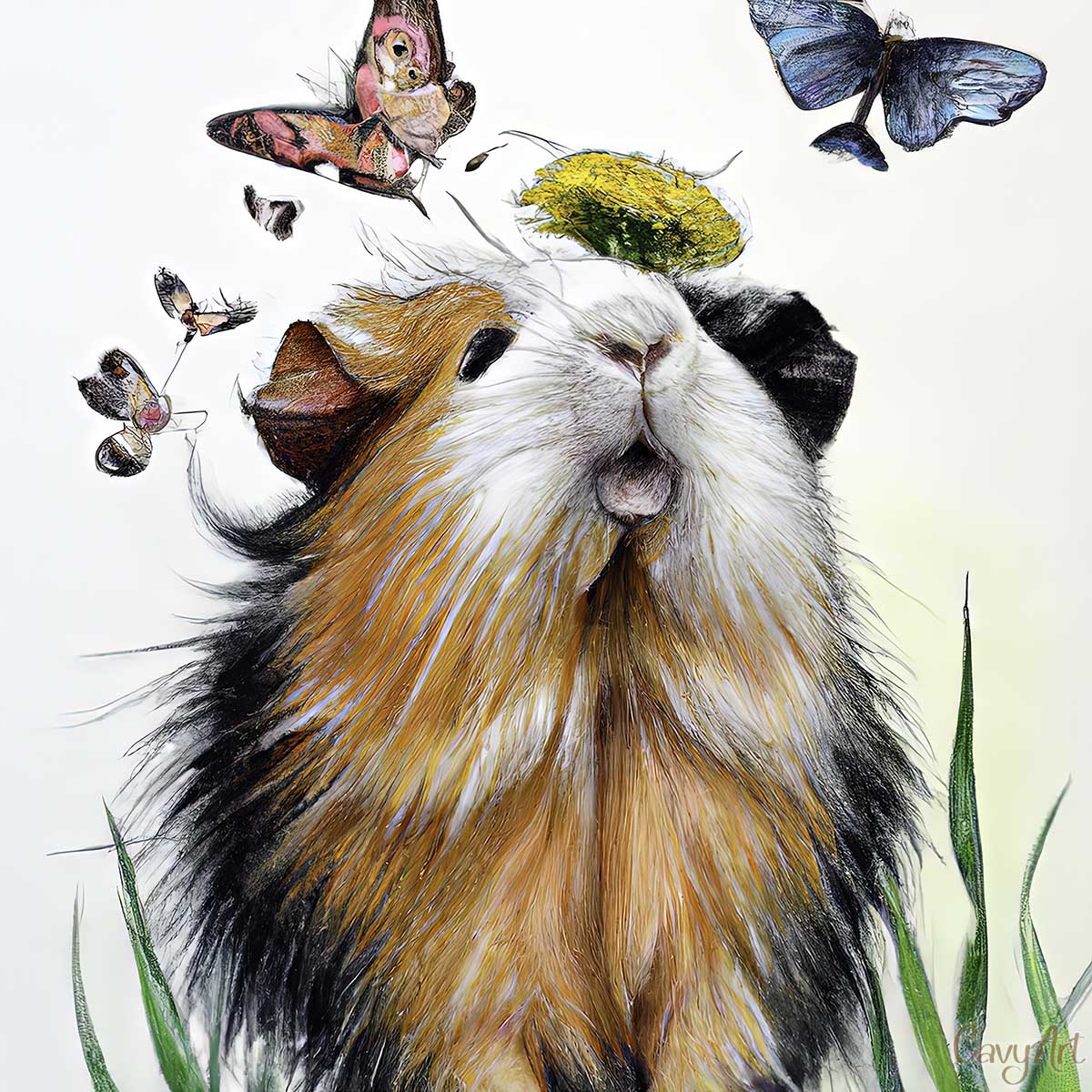 Guinea pig looking up at butterflied illustration from CavyArt