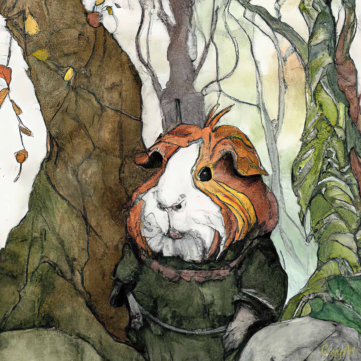 A guinea pig in a forest illustration from CavyArt
