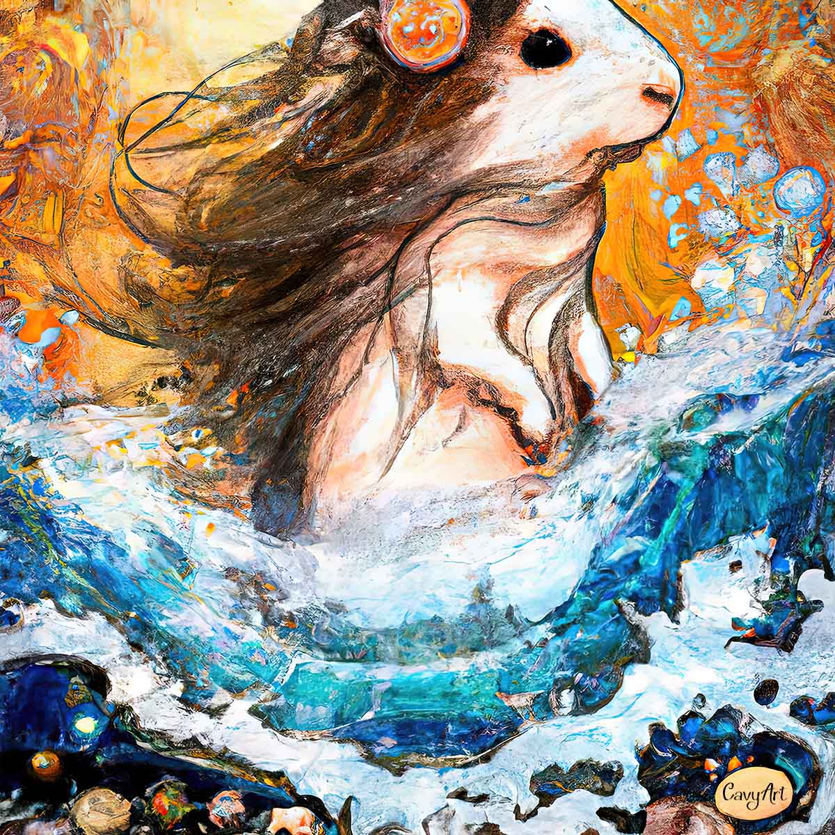 Happy long-haired guinea pig in the water - CavyArt