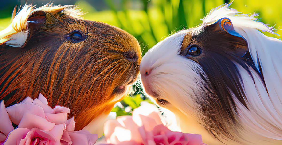 Two guinea pigs nose to nose in roses and sunshine sunlight