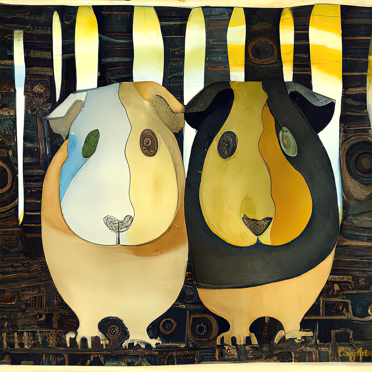 Two guinea pigs in a forest illustration from CavyArt